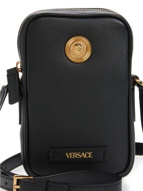 Versace Black Leather Mini Crossbody with Gold Medallion